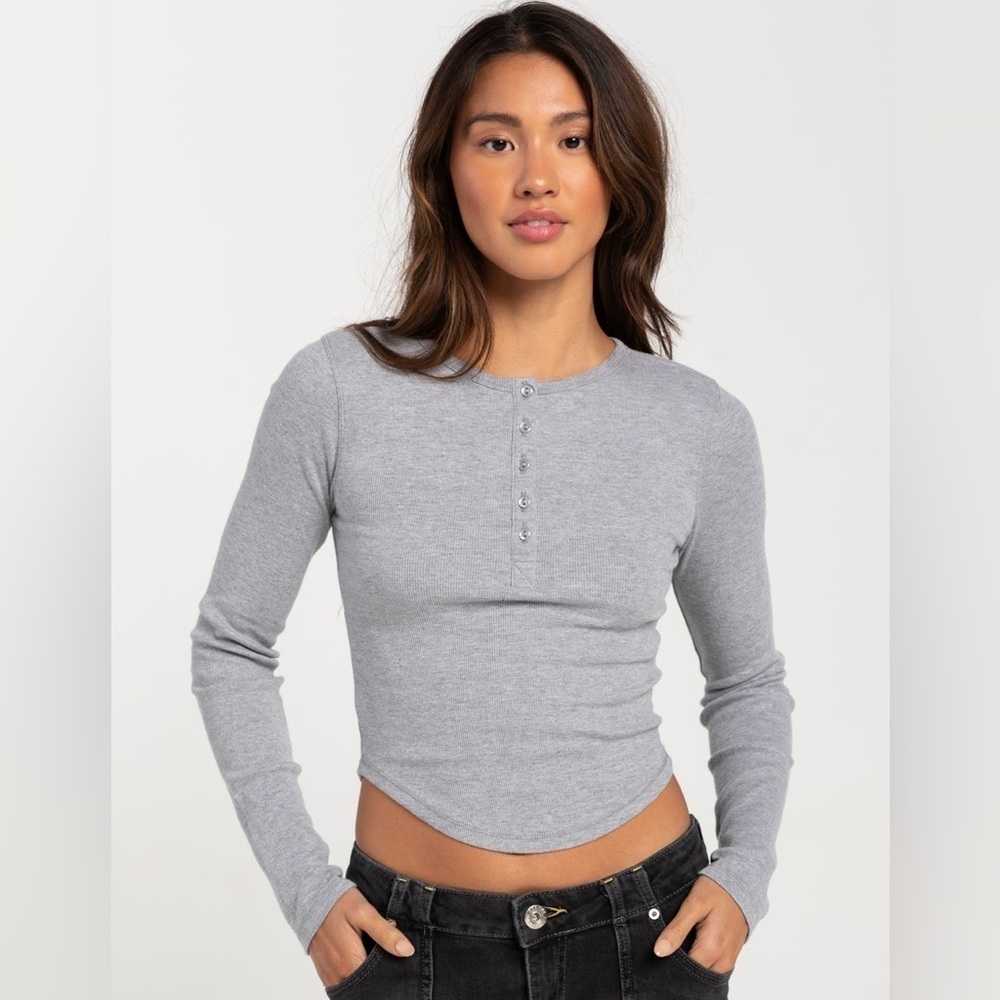 Urban Outfitters BDG Grey‎ Ribbed Henley Curved Hem Long Sleeve Top XL 75260075
